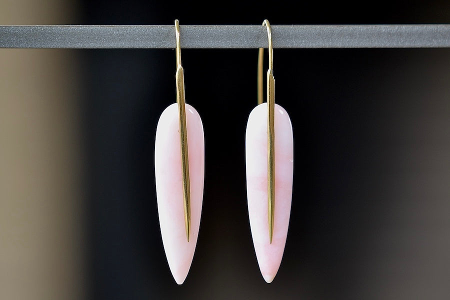 Rachel Atherley Feather Earrings in Pink Opal and 18k yellow gold.