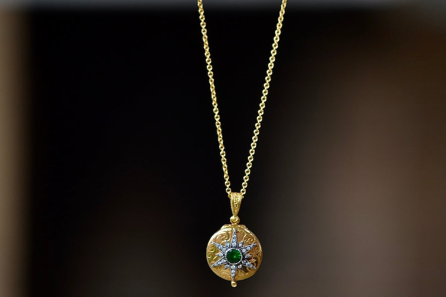 Arman Sarkyssian Oxidized Silver Star Locket with Green emerald center stone and Diamond accent Pendant necklace in 22k Yellow Gold. 