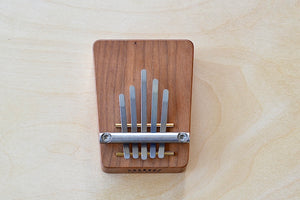 Birds eye view of small kalimba with five (5) metal tines.