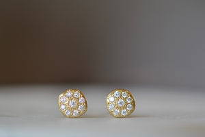 Alternate view of Charm stud earrings by Adel Chefridi in 18k yellow gold and adorned with white diamonds on classic post closure. 