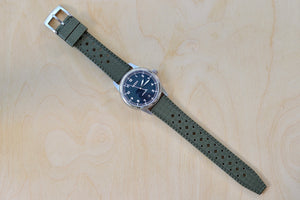 Weiss Watch 38mm Automatic Field Watch with Black Dial and date, shown with olive rubber strap , made with American parts, featuring Super Luminova hands and markers. 