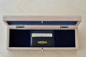 Inside of Weiss watch hard wood case. 