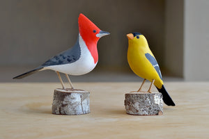 Wood birds from Brazil, showing a Brazilian Cardinal and a Goldfinch.