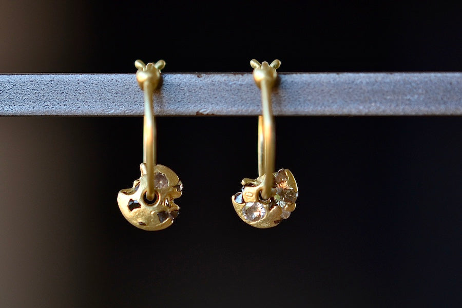 Polly Wales Diamond Spinner Small Hinge closure Hoop Earrings  are A hinge lock hoop in 18k gold with an attached disc, speckled with mixed diamonds around the circumference for a beautiful confetti-like appearance. Recycled gold. 