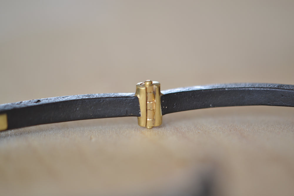 Pat Flynn Three stone Nail Bracelet Forged Blackened iron Diamonds, 18k gold hinge