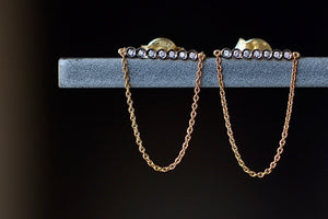 Close up view of Yannis Sergakis' Bar and chain earrings.