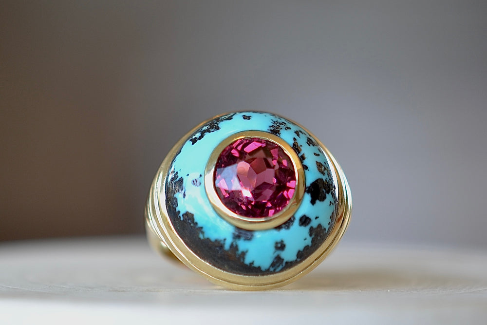 
            
                Load image into Gallery viewer, The Small Petite Lollipop Ring in Turquoise and Garnet by Retrouvai.
            
        