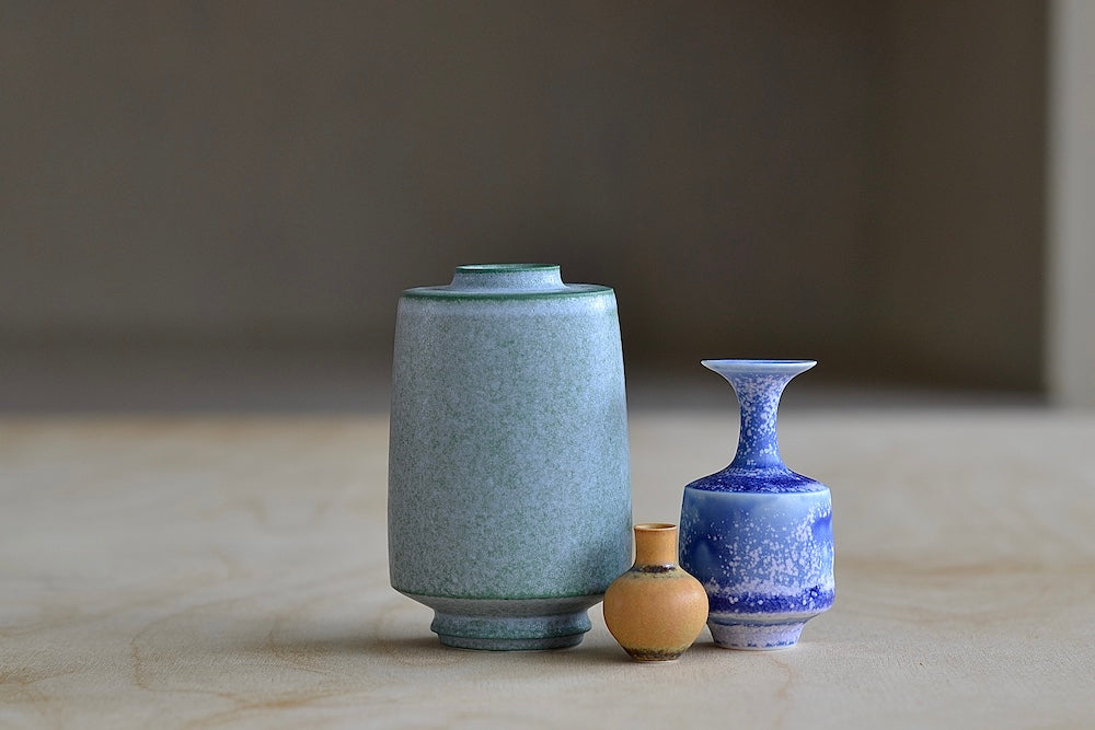 Miniature Hand Thrown Ceramic Vase Trio D in Green Grey, Purple Lilac and Light Orange