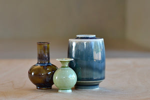 Miniature Hand Thrown Ceramic Vase Trio "H" in Gray, Brown and Green by Yuta Segawa.