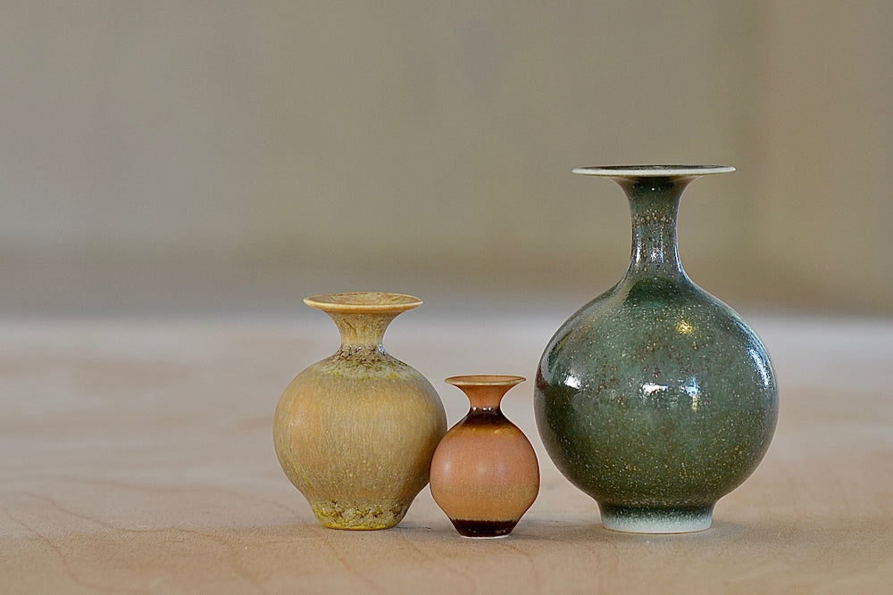 Miniature Hand Thrown Ceramic Vase Trio I in Green, Ochre and Orange