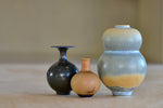 Miniature Hand Thrown Ceramic Vase Trio K in Gray Blue with orange, Ochre and Dark Brown