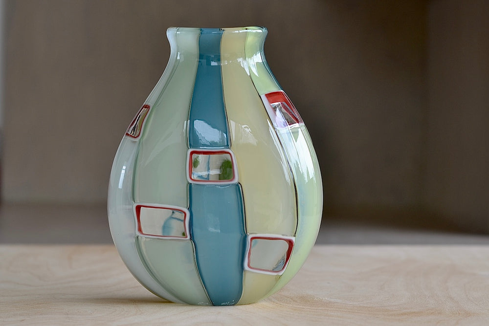 
            
                Load image into Gallery viewer, Robin Mix Small Murrine Thaibo Vase with Windows and Spots in Grey, blue, onion and pale green. Mouth Blown in Tunebridge Vermont.
            
        