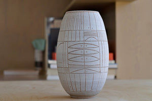 
            
                Load image into Gallery viewer, Hand thrown white clay vase 5946 with brown clay sgraffito &amp;quot;Scribe series&amp;quot; by Heather Rosenman.
            
        