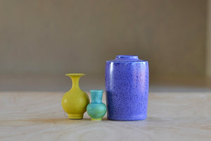 Miniature Hand Thrown Ceramic Vase Trio by Yuta Segawa in Purple, Jade Green and Yellow.