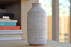 Hand thrown white clay vase 5945 with brown clay sgraffito "Scribe series" by Heather Rosenman.