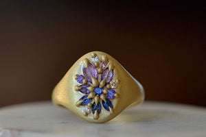 Encrusted Lotus signet ring by Polly wales in purple and blue sapphires with white diamonds on 18k yellow gold band.