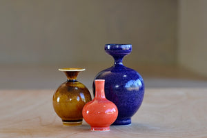 Miniature Hand Thrown Ceramic Vase Trio "G" in Coral, Violet and Brown by Yuta Segawa.