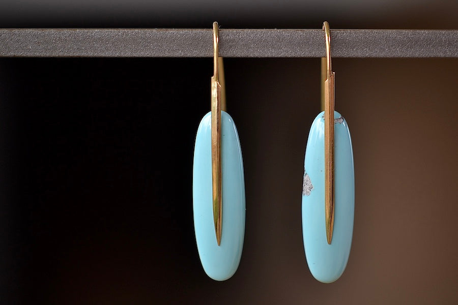 
            
                Load image into Gallery viewer, Feather Earrings in Turquoise with natural inclusions and 18k gold hooks by Rachel Atherley. One of a kind.
            
        