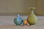 Miniature Hand Thrown Ceramic Vase Trio E in Green Purple, Orange and Ochre.