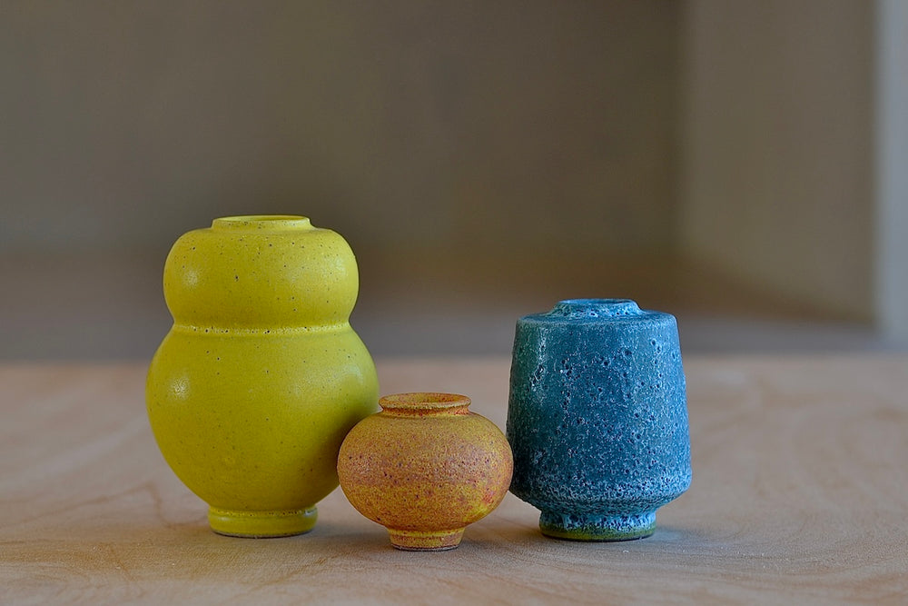 Miniature Hand Thrown Ceramic Vase Trio "K" in Yellow, Turquoise and Orange