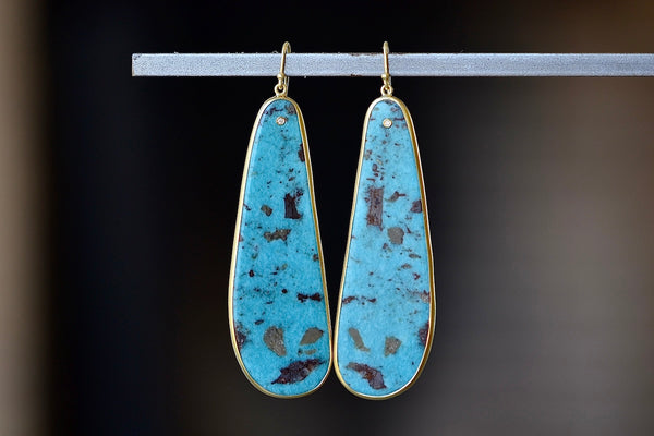 Rare Kingsman XL Turquoise Slice Earrings with Diamond Accent and bezel set in 18k yellow gold with gold wire and designed by Tej Kothari.