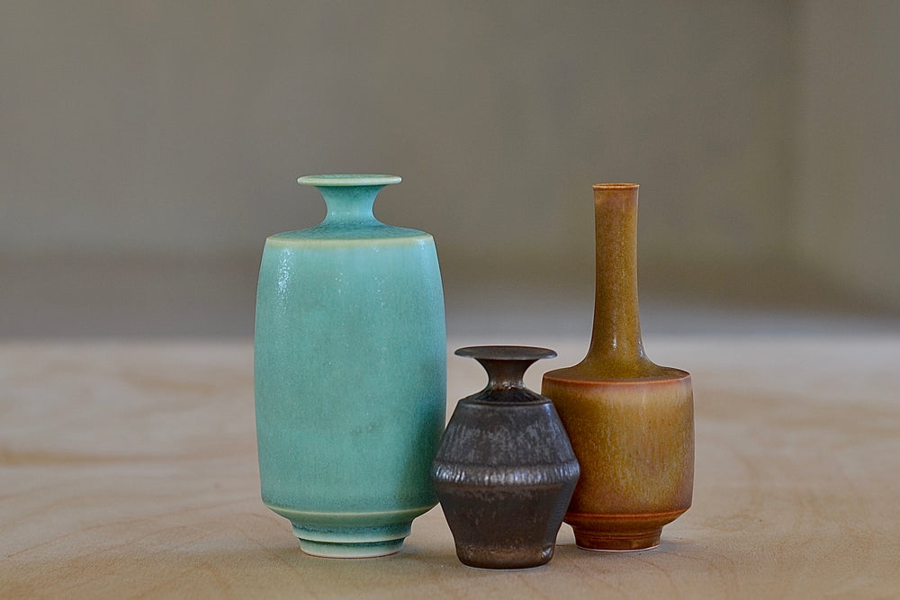 Miniature Hand Thrown Ceramic Vase Trio H in Green, Ochre and Brown