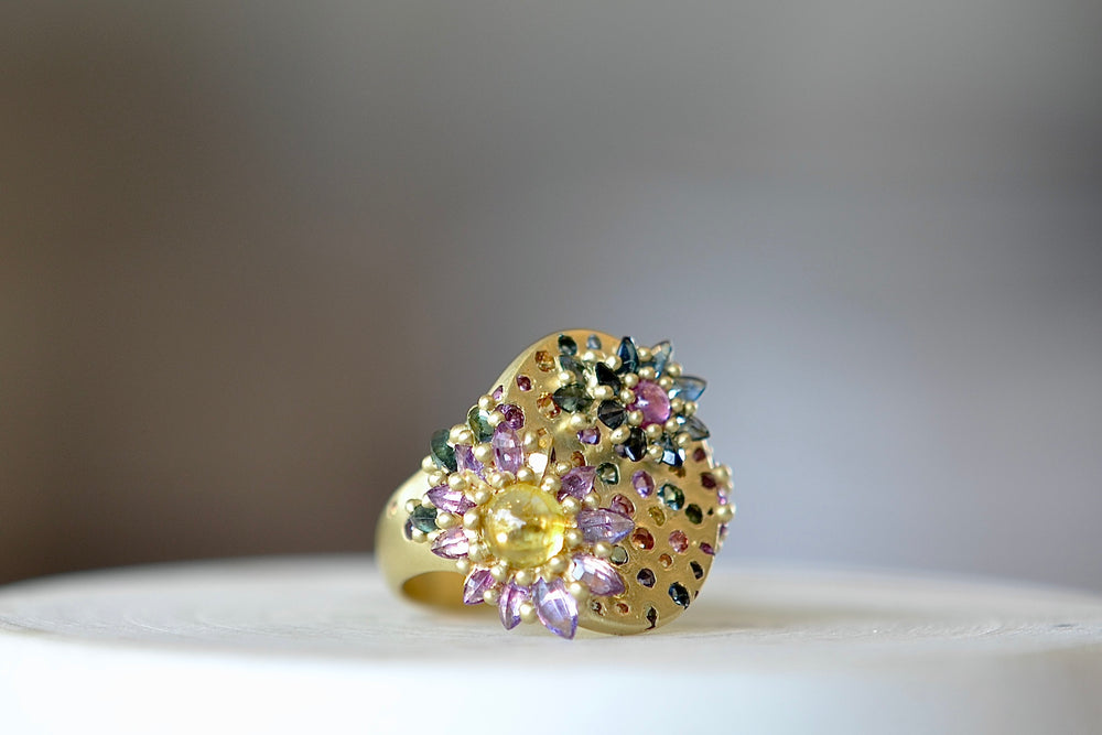 Daisy Cluster Signet ring by Polly Wales is A large oval set signet ring in gold with scattered confetti style round sapphires and three raised clusters of cabochon and brilliant sapphires forming flowers on a matte band. Cast not set.
