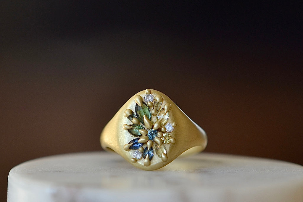 Encrusted Lotus signet ring by Polly wales in green and blue sapphires with white diamonds.