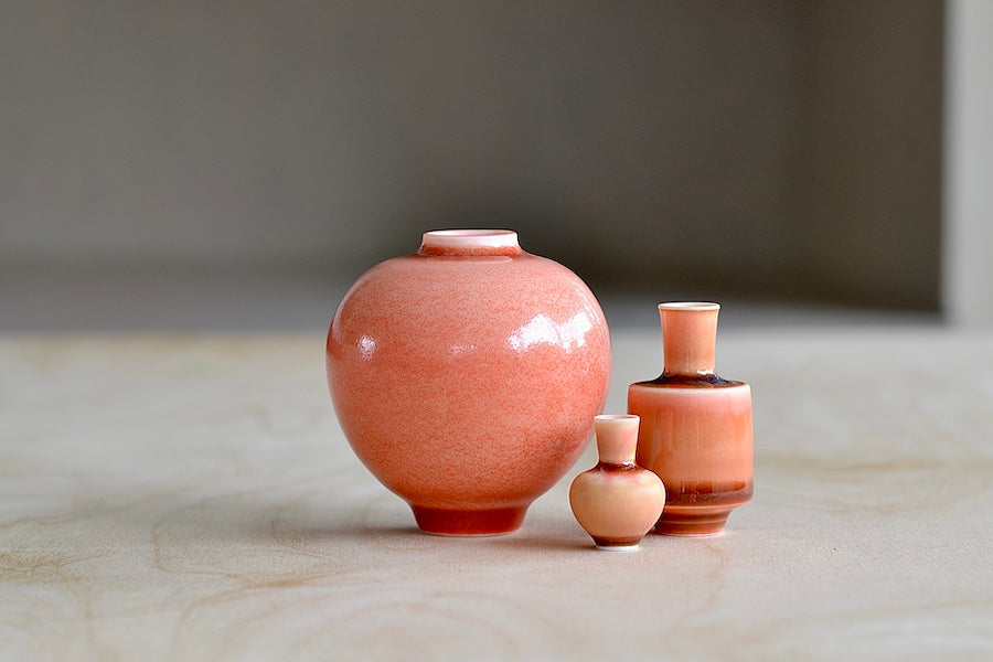 Miniature Hand Thrown Ceramic Vase Trio in Orange peach by Yuta Segawa.
