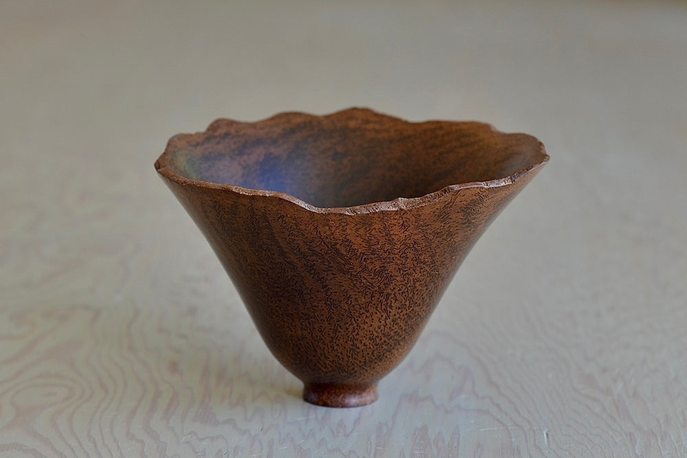 Bert Marsh 1932-2011 Turned Wood Raw Edge Bowl in dark brown is an extremely thin, small and beautifully produced decorative bowl. Signature is carved on the bottom.