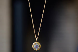 
            
                Load image into Gallery viewer, Arman Sarkyssian Oxidized Silver Star Locket with purple sapphire center stone and Diamond accent Pendant necklace in 22k Yellow Gold. 
            
        
