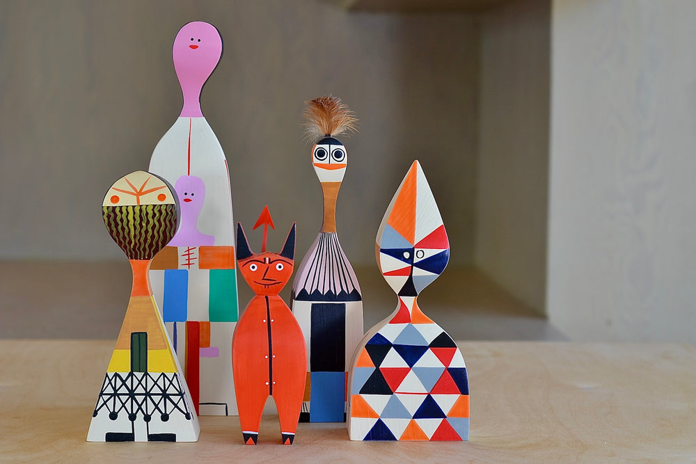 
            
                Load image into Gallery viewer, Menagerie of Alexander Girard doll collection figurines.
            
        