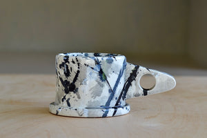 EXP standard splatter mug in gray and black by Peter Shire and Echo Park Pottery..