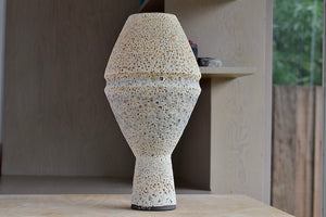Hand thrown tall stoneware vase in Leto Echo shape with volcanic lava glaze in tan by Heather Rosenman Ceramics.