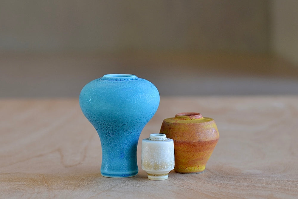 Miniature Hand Thrown Ceramic Vase Trio "A" in Turquoise, Orange and Cream