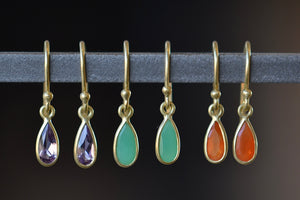 
            
                Load image into Gallery viewer, Tiny petal earrings by Tej Kothari in Amethyst, Chrysoprase and Carnelian.
            
        