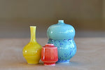 Miniature Hand Thrown Ceramic Vase Trio "F" in Yellow, Coral and Spotted