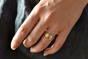 Wearing the Wide oval Solitaire Signet ring by Elizabeth Street Jewelry.