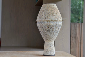 
            
                Load image into Gallery viewer, Alternate side of Hand thrown tall stoneware vase in Leto Echo shape with volcanic lava glaze in tan by Heather Rosenman Ceramics.
            
        