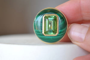 Full frontal of the The Large Lollipop Ring in malachite and Green tourmaline by Retrouvai. 