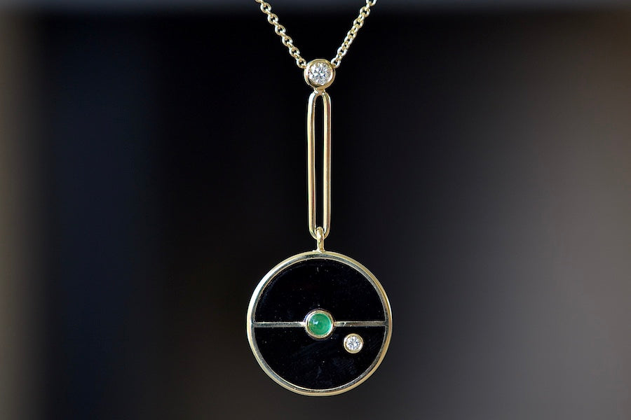Compass Pendant in Black Onyx with Emerald