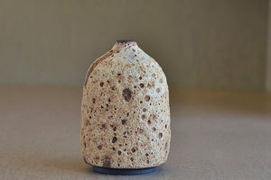 Other side of striped cream to brown bottle volcanic vase by Heather Rosenman.