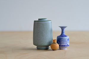 
            
                Load image into Gallery viewer, Miniature Hand Thrown Ceramic Vase Trio in Green grey, Purple Lilac and Light Orange by Yuta Segawa.
            
        