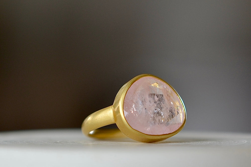 Side view of Large Greek ring in Morganite by Pippa Small.