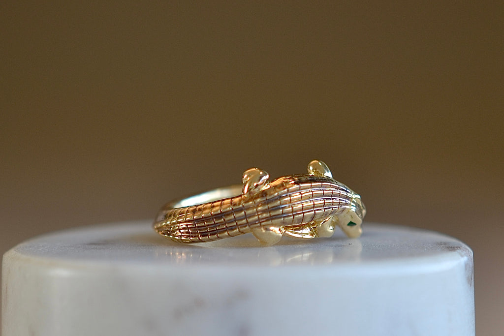 Detail of back of Mini Alligator Wrap ring  with Tsavorite eyes designed by Bibi Van Der Velden.