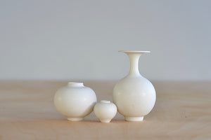 Miniature Hand Thrown Ceramic Vase Trio on white background by Yuta Segawa.