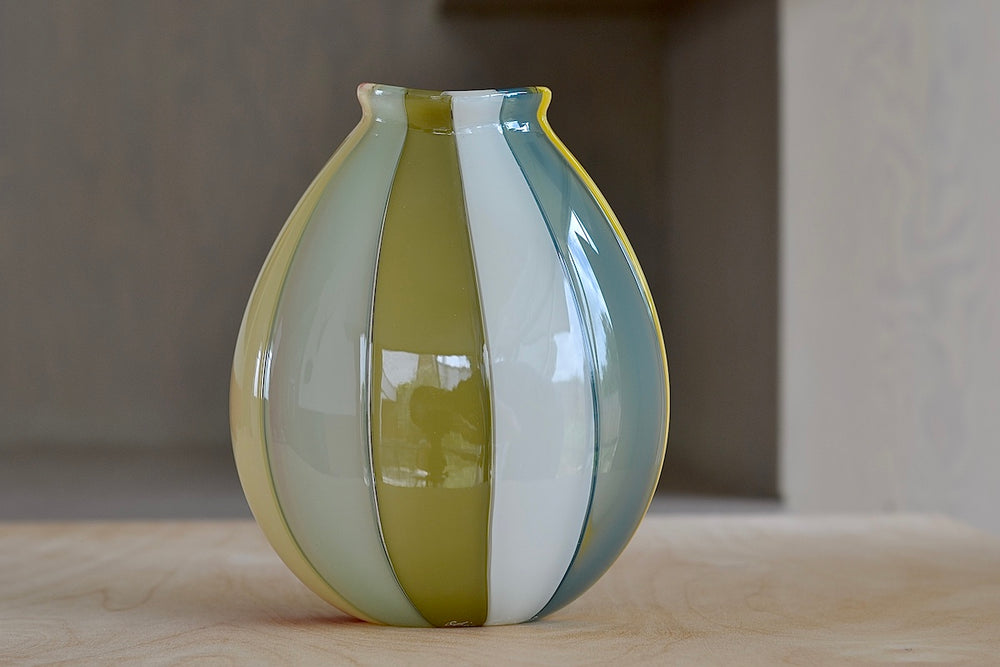 
            
                Load image into Gallery viewer, Alternate side of Robin Mix Small Flat Cane multi color Vase made in Tunbridge Vermont.
            
        
