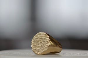 Yellow gold round tidal signet 11 ring by Fraser Hamilton.