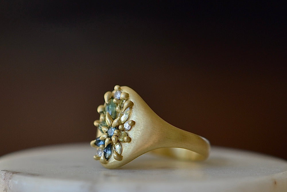 Side view of encrusted Lotus signet ring by Polly wales in green and blue sapphires with white diamonds.