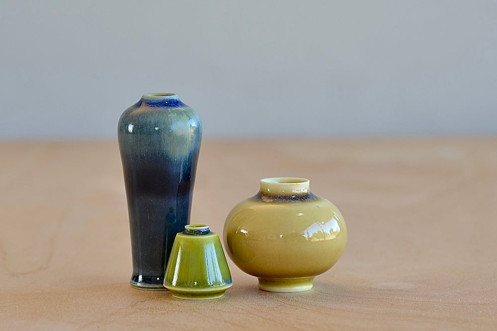 Miniature Hand Thrown Ceramic Vase Trio "L" in Blue Green, Green and Yellow on white by Yuta Segawa.